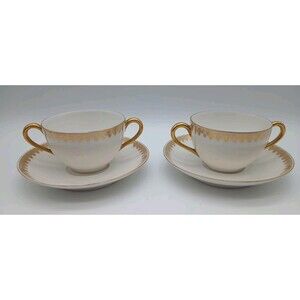 Tressemanes Voght Limoges Double Handle Tea Cups Saucer Set 8414 Gold T&V France